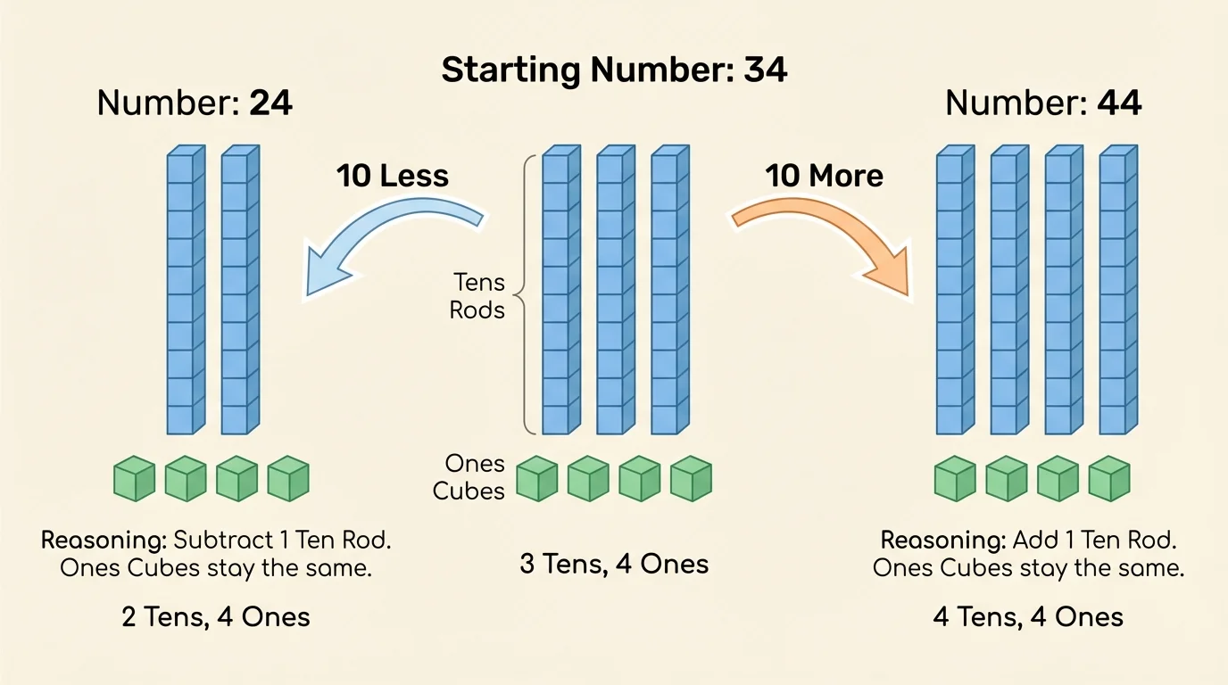 two-digit number with base-ten blocks showing 34 as 3 tens rods and 4 ones cubes, then 44 as 4 tens rods and 4 ones cubes, and 24 as 2 tens rods and 4 ones cubes