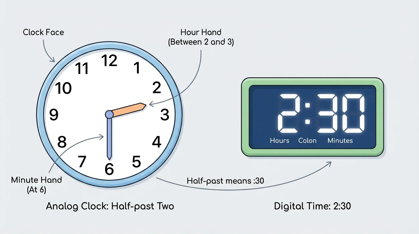 Analog clock showing half-past with minute hand at 6 and hour hand between 2 and 3, next to digital time 2:30