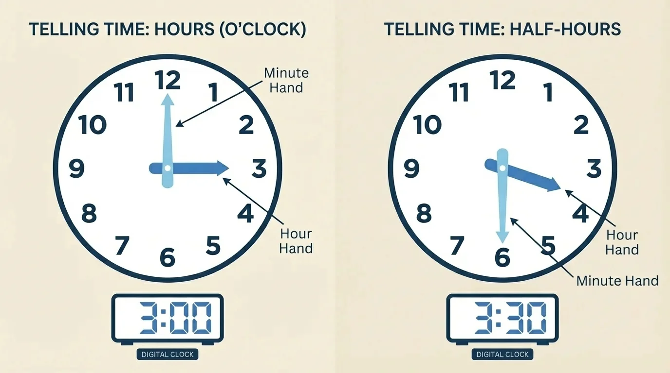 Labeled analog clock with short hour hand, long minute hand, and numbers 1 through 12