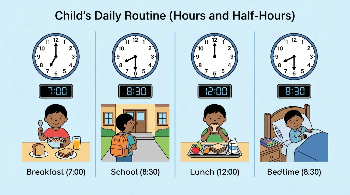 Child's daily routine with breakfast at 7:00, school at 8:30, lunch at 12:00, and bedtime at 8:30