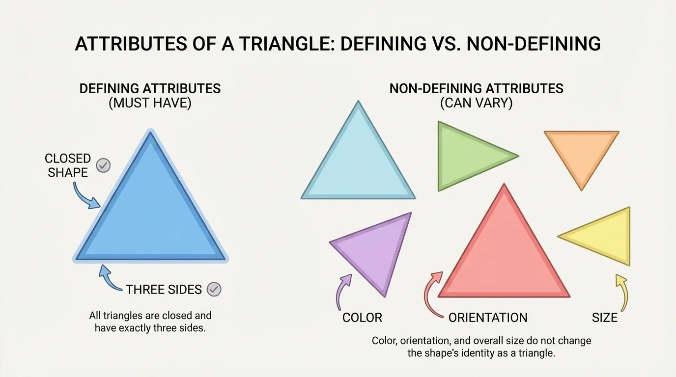 The same triangle repeated in different colors, sizes, and orientations: upright, sideways, upside down, large, and small