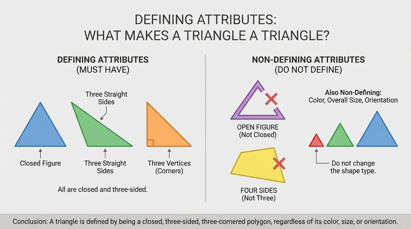 Several simple shapes: three correct triangles in different forms and two non-triangles, including an open three-sided figure and a four-sided figure, with clear outlines and corners