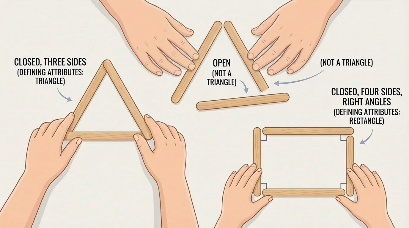 Child hands arranging sticks into a closed triangle, an open almost-triangle with a gap, and a closed rectangle made from sticks