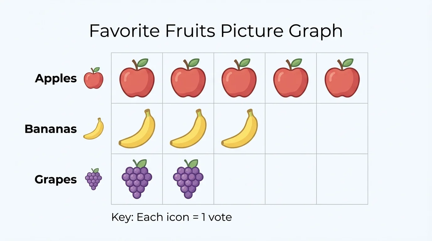 picture graph of favorite fruits with three categories apples, bananas, and grapes using repeated fruit icons to show counts 5, 3, and 2