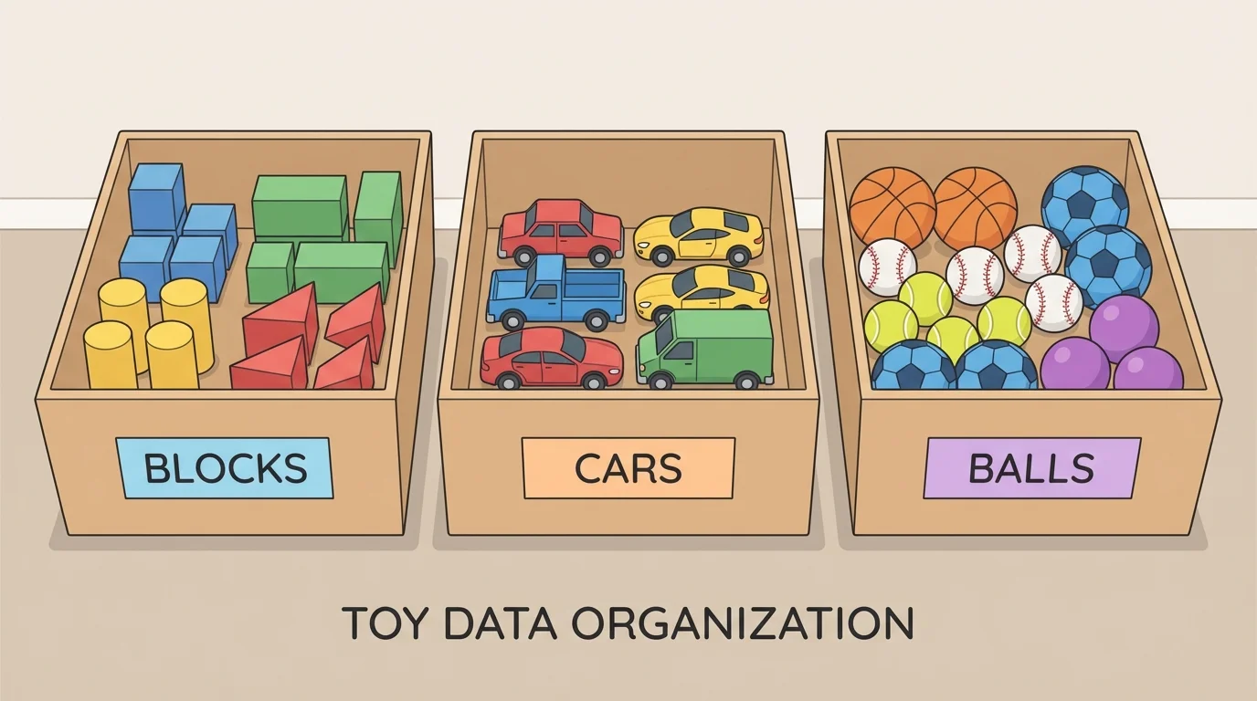 children's toys sorted into three labeled boxes: blocks, cars, and balls, with clear groups for counting