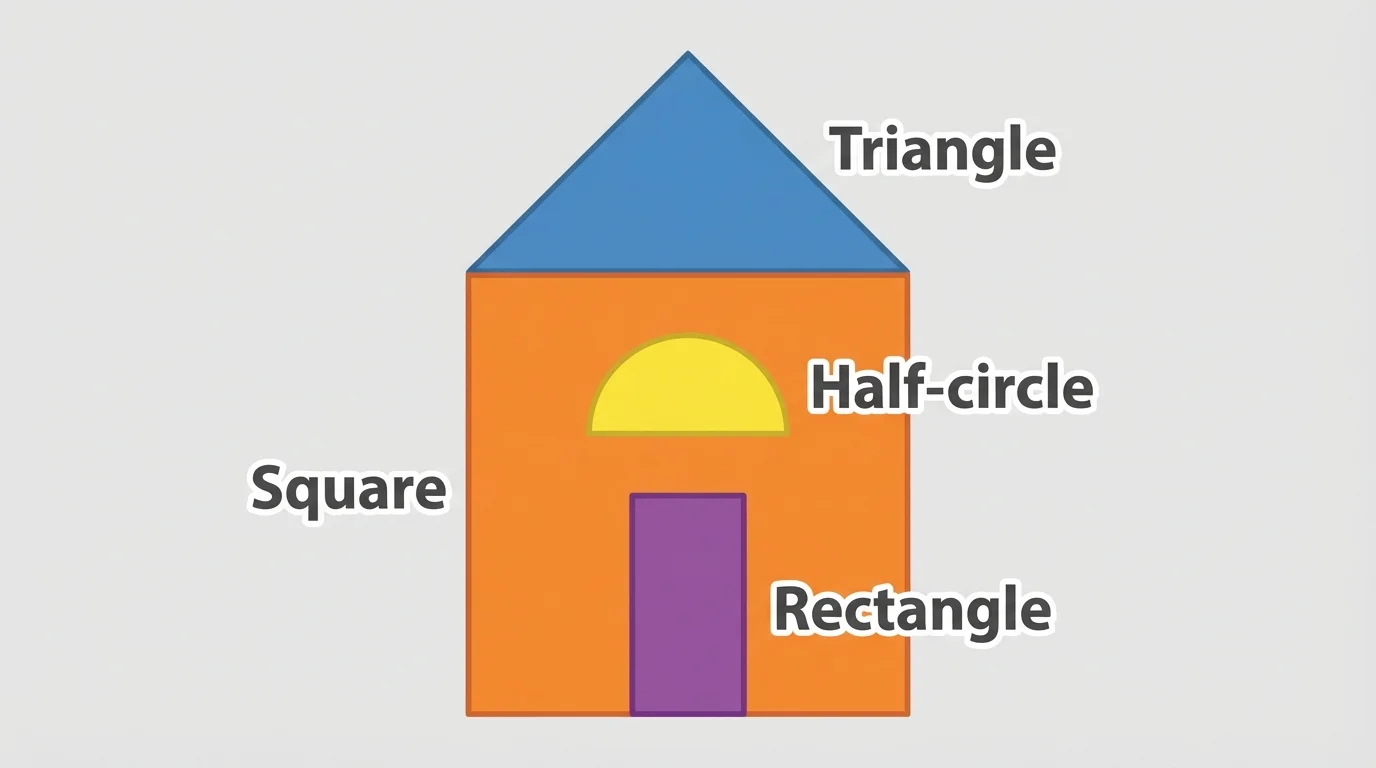 flat pattern blocks joined to make a house shape with square body, triangle roof, rectangle door, and half-circle window, each part shaded a different color
