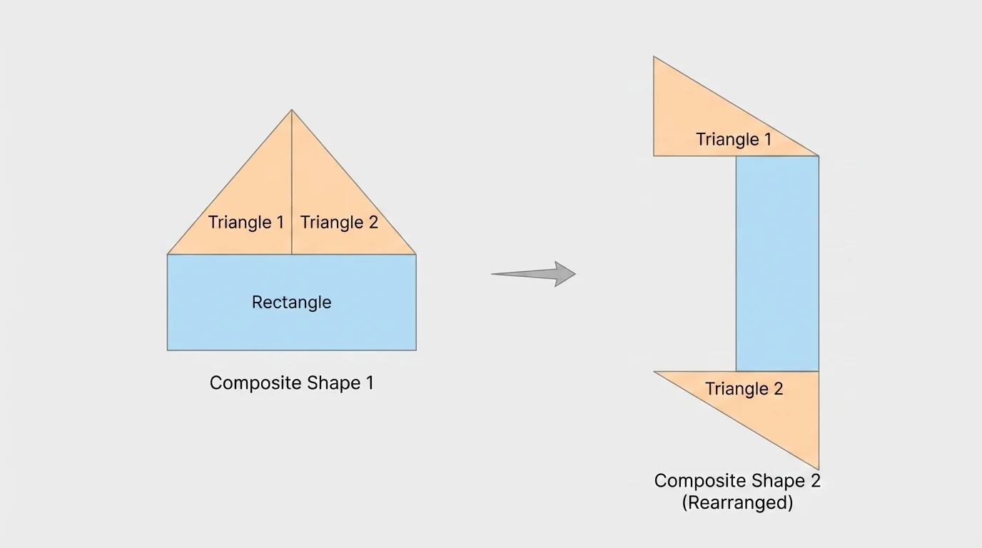same set of two triangles and one rectangle first arranged into one composite shape, then rearranged into a different composite shape