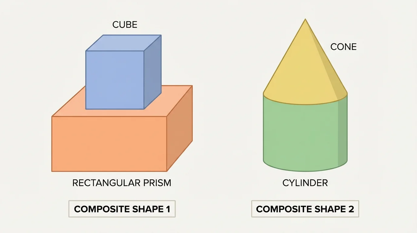 solid models made by stacking a cube on a rectangular prism and placing a cone on top of a cylinder, with each solid shown in a different color
