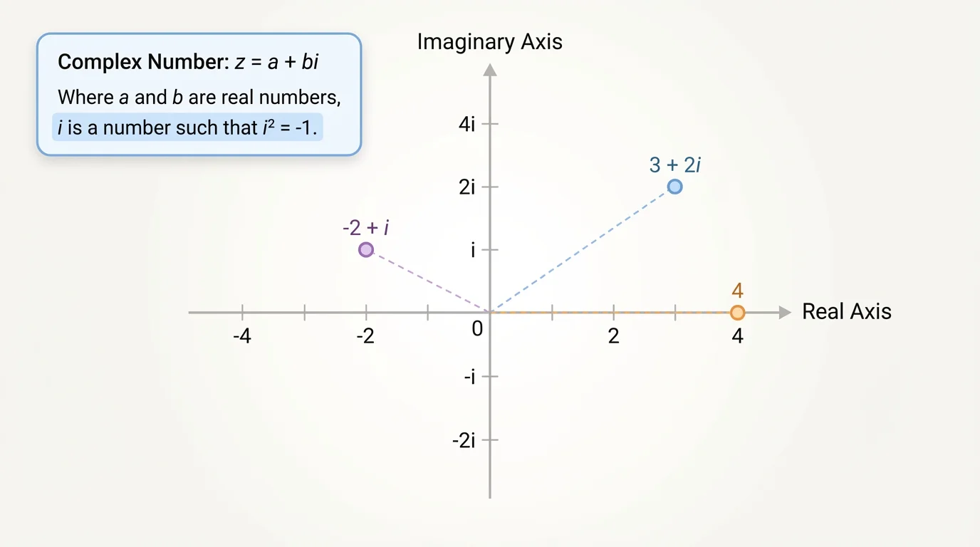 Complex plane with horizontal real axis, vertical imaginary axis, and points labeled 3 + 2i, -2 + i, and 4