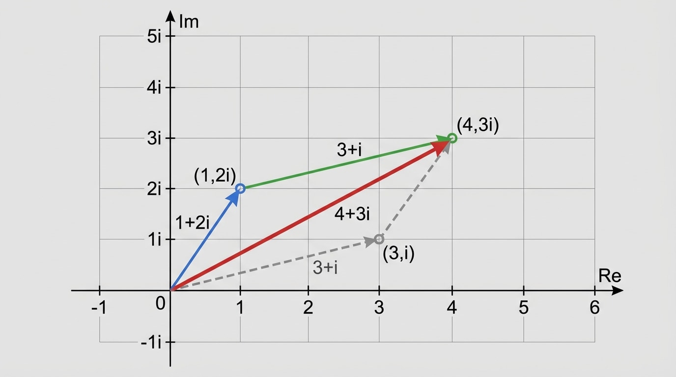 Complex plane showing vectors for 1+2i and 3+i placed tip-to-tail, with resulting vector 4+3i forming a parallelogram