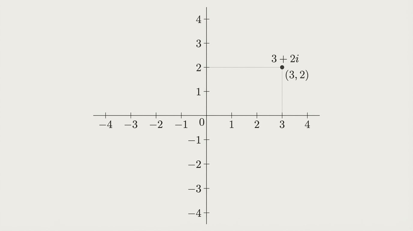 Complex plane with horizontal real axis and vertical imaginary axis, showing the point for 3 + 2i labeled at (3, 2)