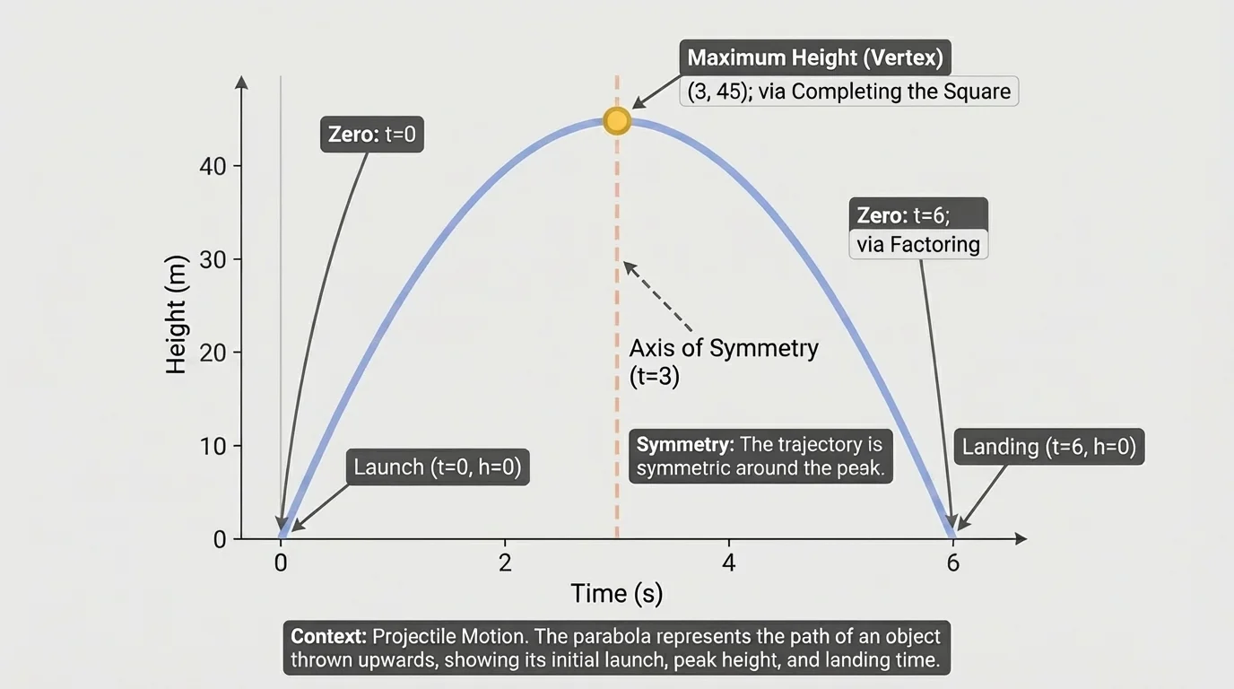 Parabola crossing the x-axis at two labeled intercepts, with a dashed vertical axis of symmetry through the midpoint between the intercepts