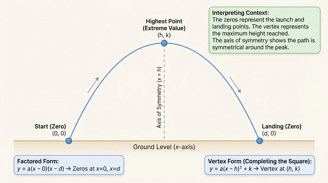 Arc-shaped path of a ball over ground level with the highest point labeled and the start and landing positions marked on the horizontal axis