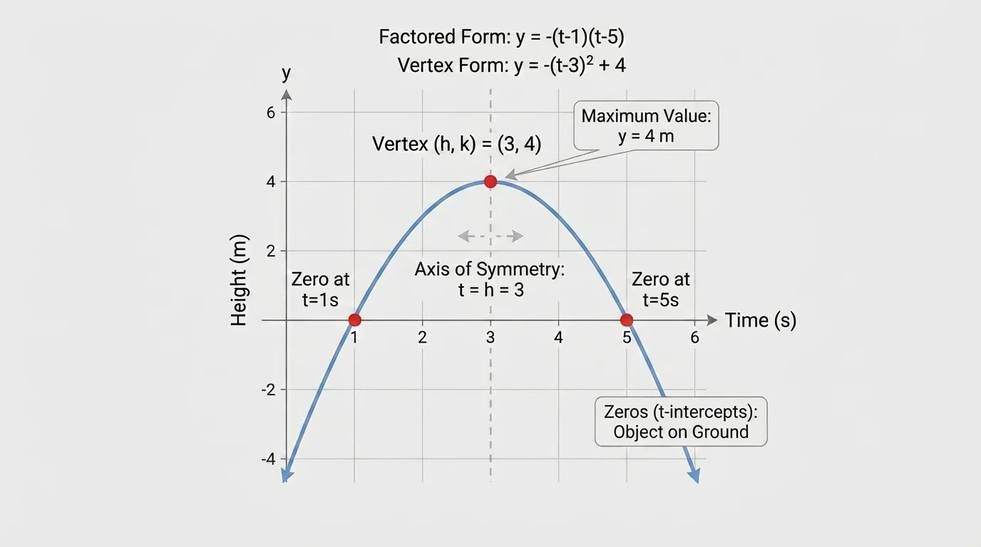 Coordinate plane with a parabola in vertex form, the vertex labeled, and a dashed vertical axis of symmetry through the vertex