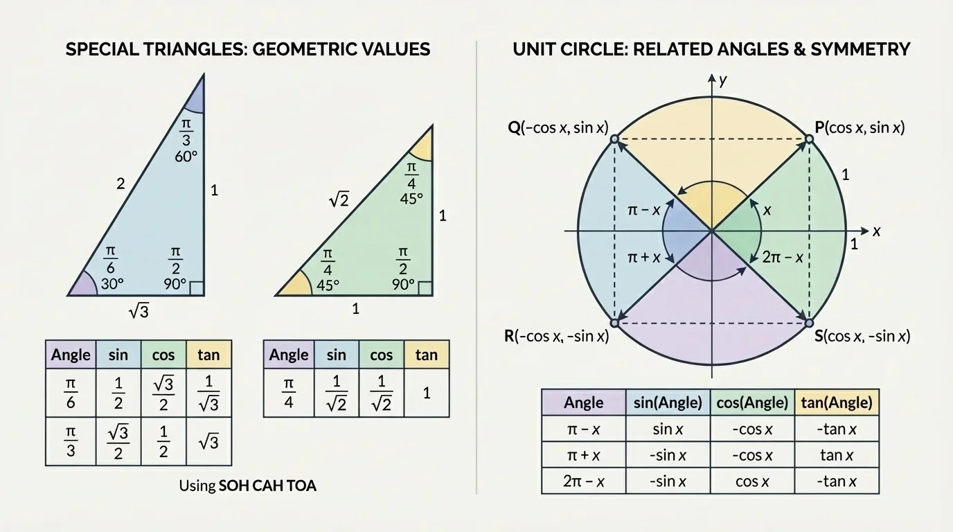 Unit circle on coordinate axes with an angle from the positive x-axis to a point labeled with cosine and sine coordinates