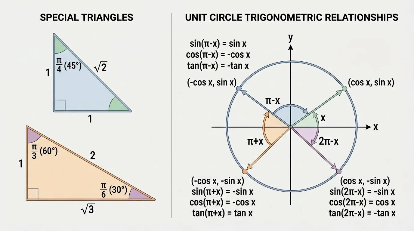 Right isosceles triangle with equal legs labeled 1, hypotenuse labeled square root of 2, and one acute angle labeled 45 degrees