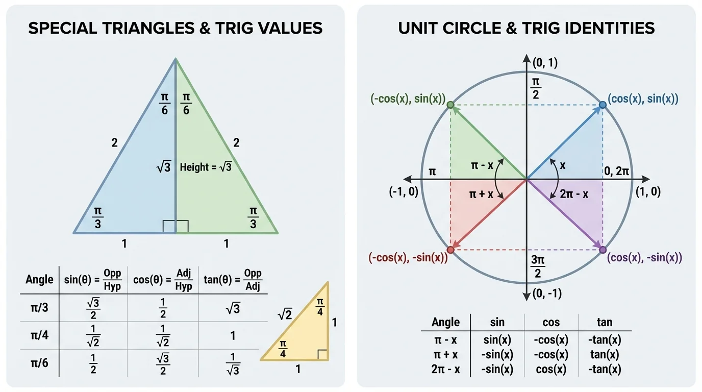 Equilateral triangle bisected into two right triangles with angles 30, 60, 90 and side lengths 1, square root of 3, and 2