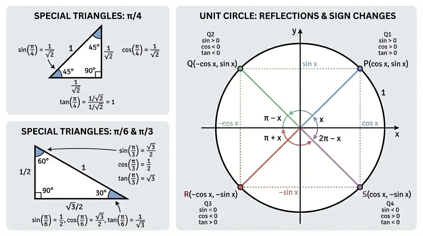 Unit circle showing a point for angle x and reflected points for pi minus x, pi plus x, and 2pi minus x with sign changes in coordinates