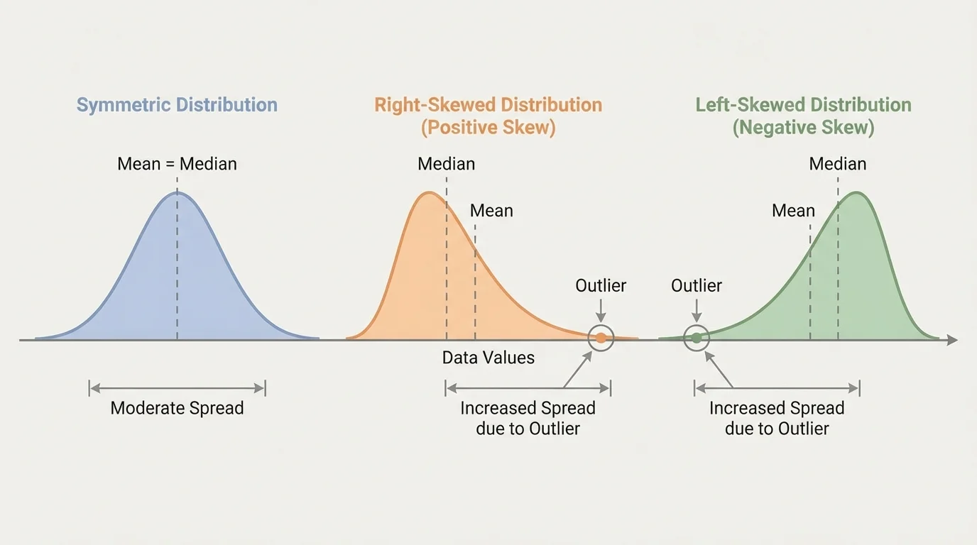 three labeled distributions on the same horizontal axis showing symmetric, right-skewed, and left-skewed shapes