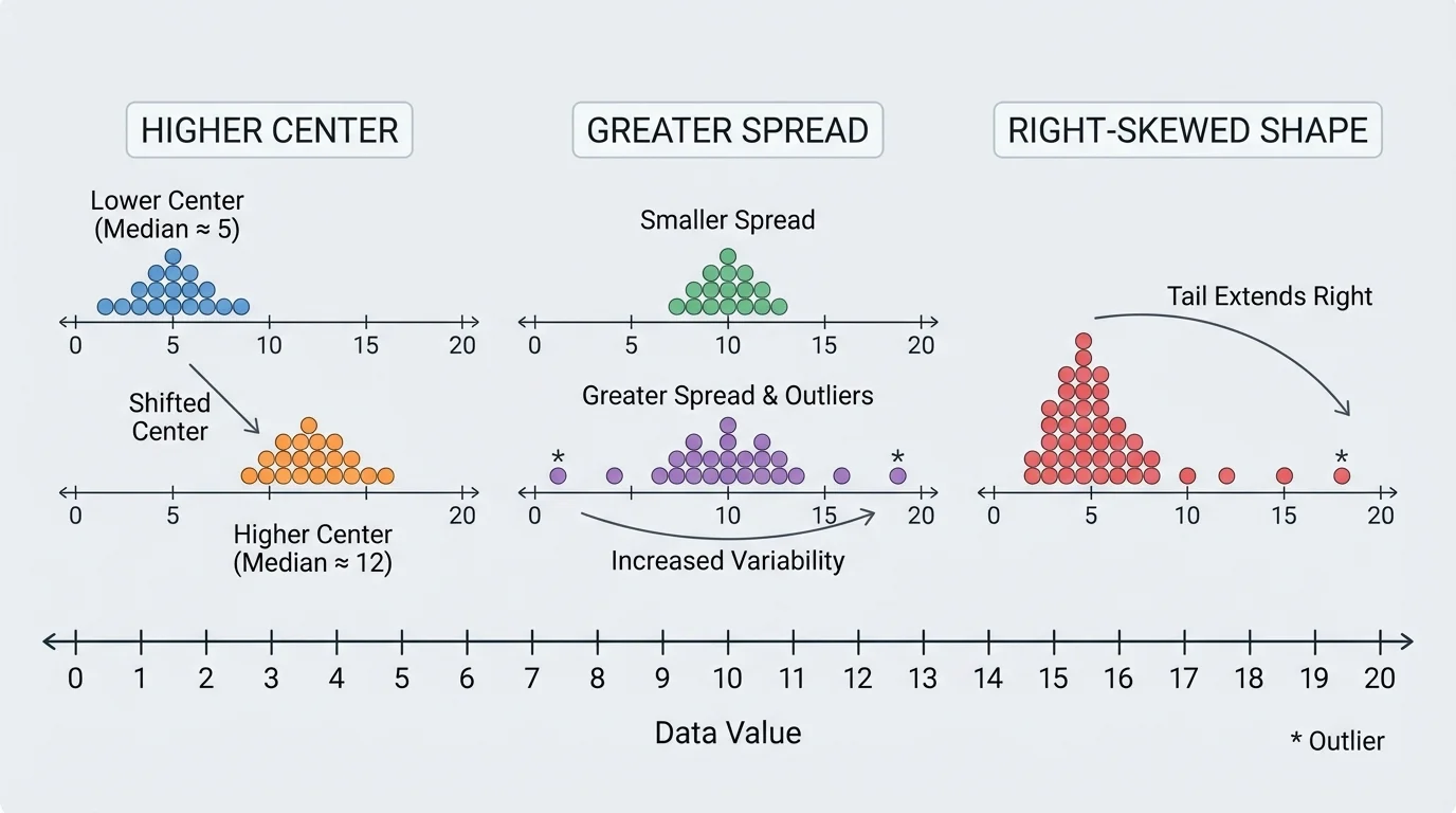 three small dot plots on the same scale labeled higher center, greater spread, and right-skewed shape to compare how distributions can differ