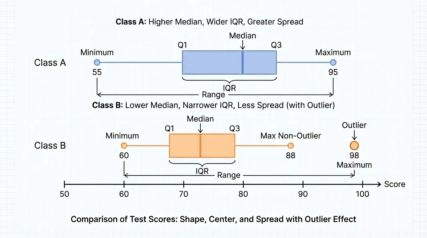two horizontal box plots on the same scale labeled Class A and Class B, showing different medians, IQRs, and an outlier