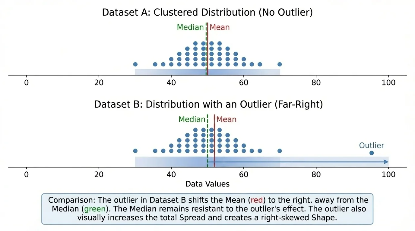 two dot plots on the same scale, one with values clustered and one with a single far-right outlier, with markers for mean and median