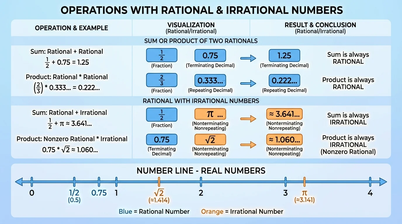 comparison chart with examples of rational numbers as fractions, terminating decimals, repeating decimals, and irrational numbers as nonterminating nonrepeating decimals, alongside a simple number line marking values like 1/2, 0.75, sqrt(2), and pi