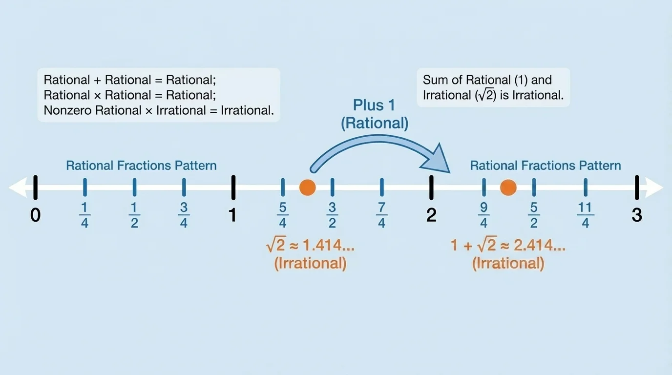 number line marking sqrt(2), then shifting it right by 1 unit to show 1 plus sqrt(2), with rational tick marks and labels emphasizing that the result remains off the rational fraction pattern