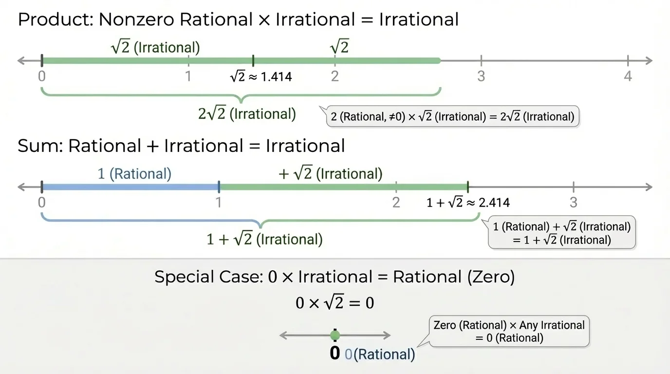 number line or length-scaling diagram showing sqrt(2) as a segment, then a segment of length 2sqrt(2), with a separate note showing 0 times sqrt(2) equals 0
