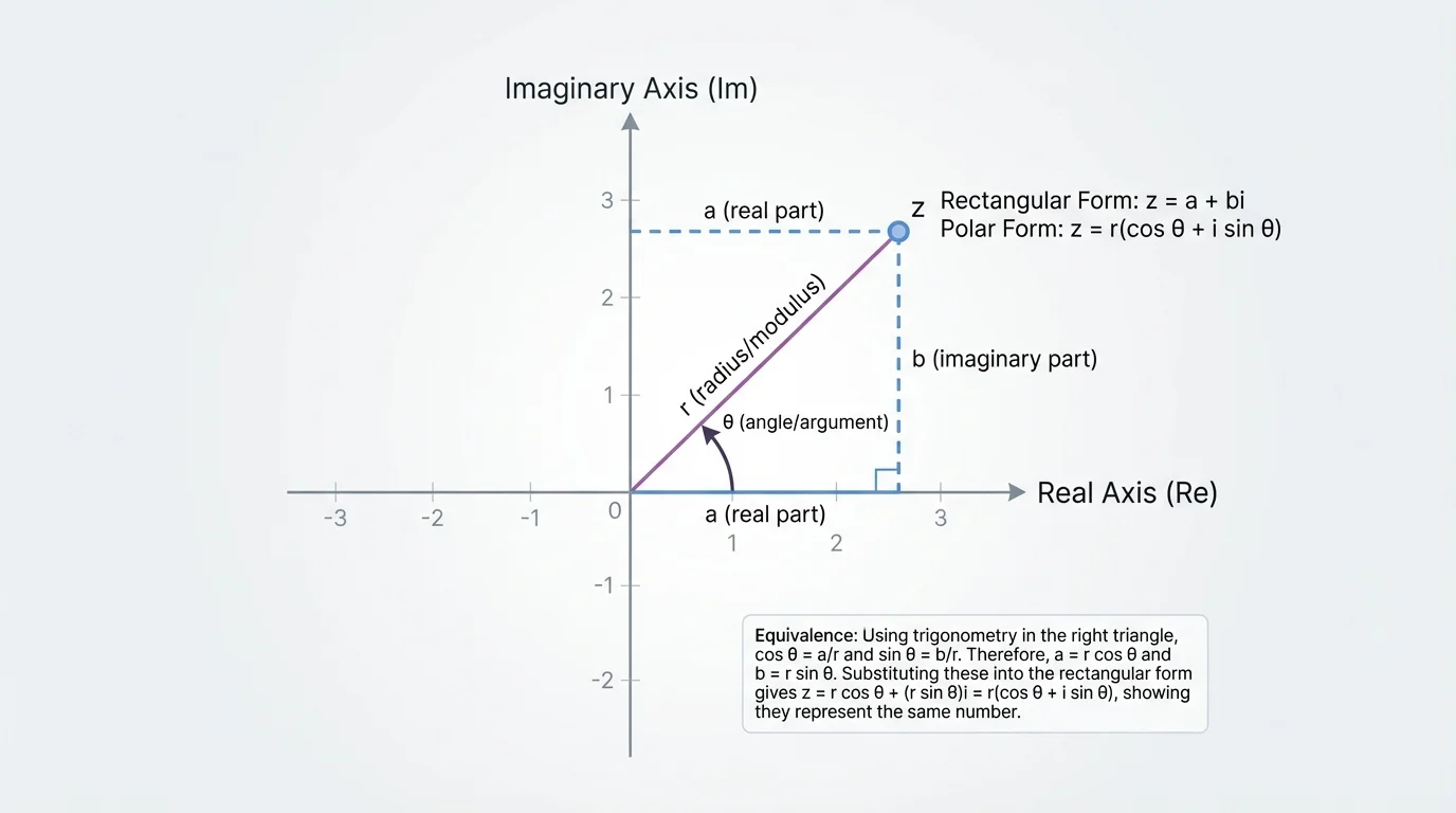 One point on the complex plane labeled both by rectangular coordinates (a,b) and by polar information radius r and angle theta, with triangle sides matching a and b