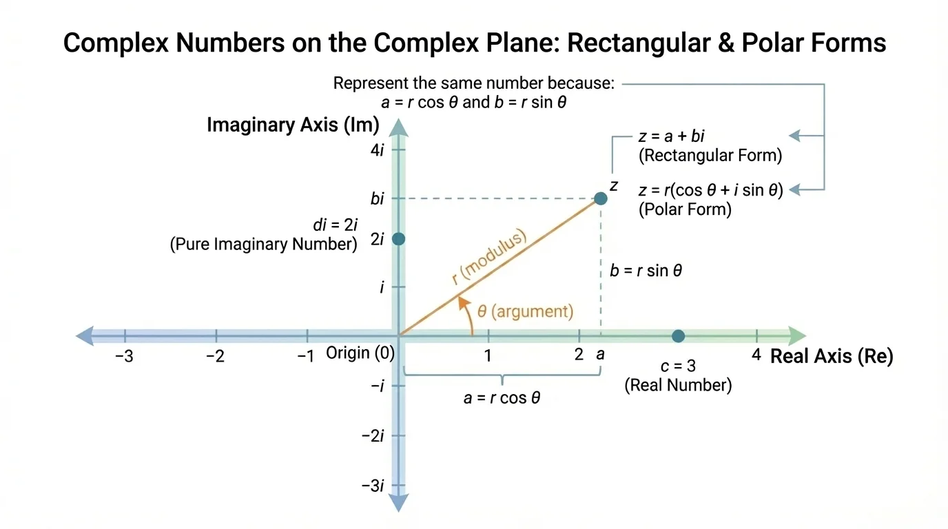 Complex plane with horizontal real axis, vertical imaginary axis, and points labeled for a general point a+bi, a real number on the real axis, and a pure imaginary number on the imaginary axis