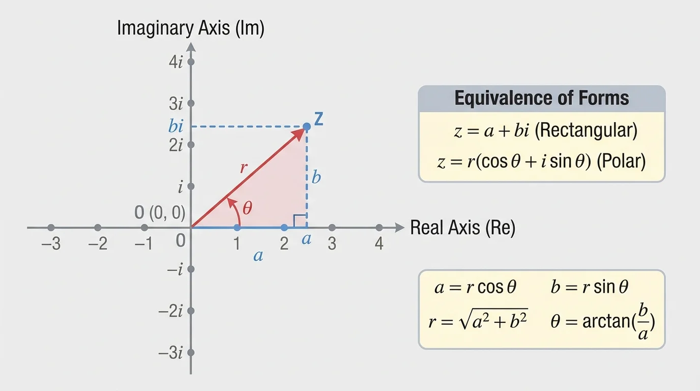 Complex plane showing a point in quadrant I connected to the origin, with radius r, angle theta from the positive real axis, and a right triangle formed by horizontal and vertical legs