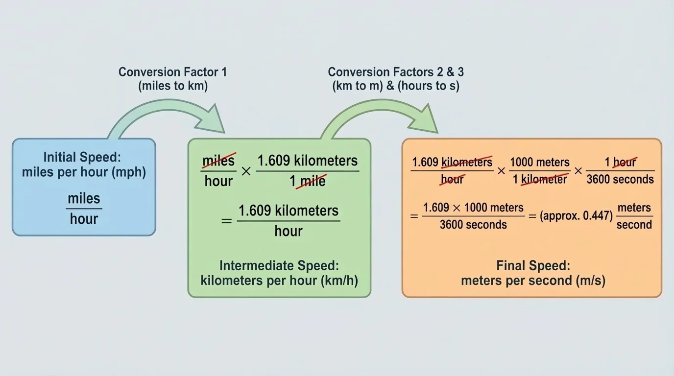flowchart of converting miles per hour to kilometers per hour to meters per second, with units canceling at each step and arrows showing the conversion chain