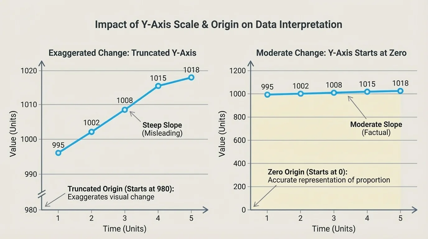 side-by-side line graphs of the same data, left with a truncated y-axis and right starting at zero, showing how the same changes can look exaggerated or moderate depending on origin and scale