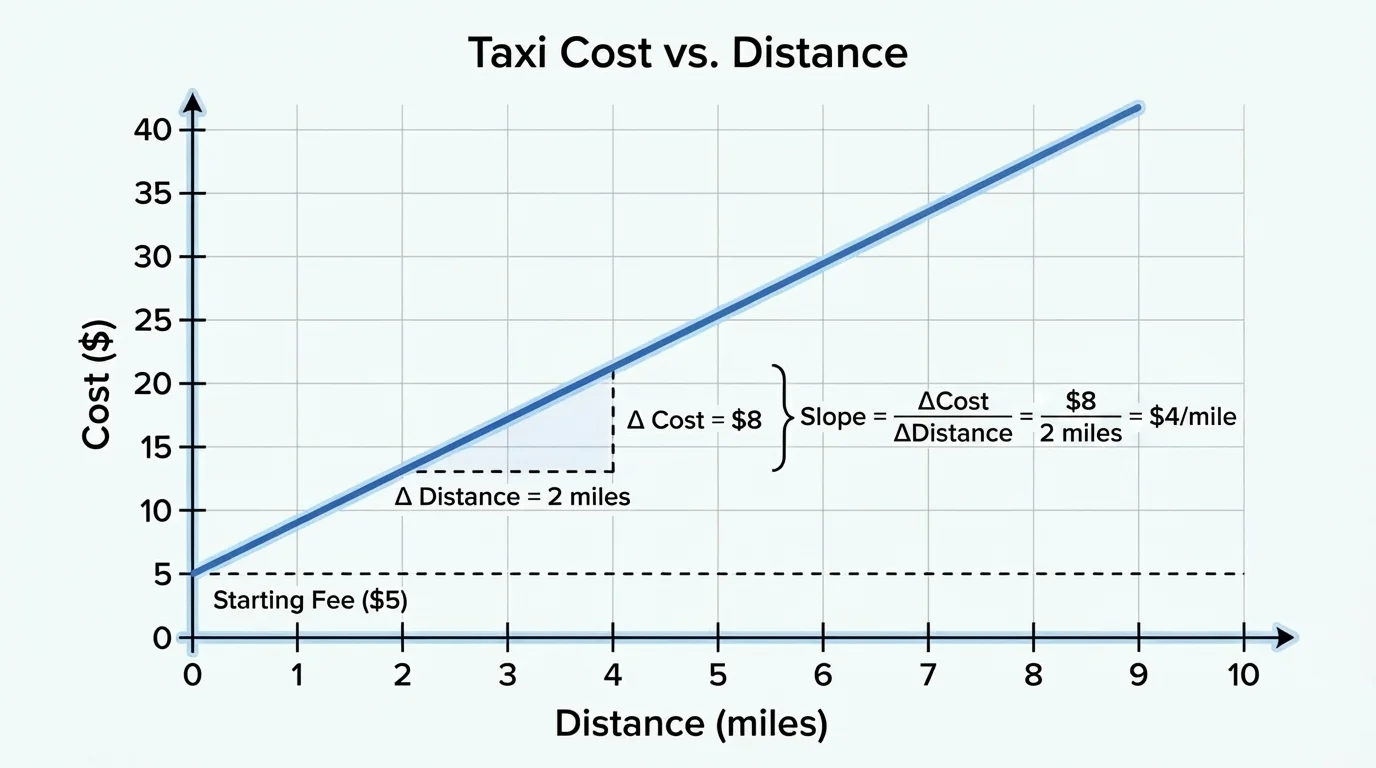 graph of taxi cost versus distance with y-axis cost, x-axis distance, a positive y-intercept for starting fee, and evenly spaced scales showing slope as cost per mile