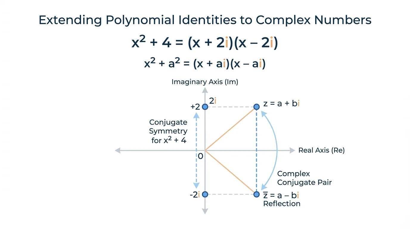 Complex plane with points a+bi and a-bi reflected across the real axis, showing conjugate symmetry