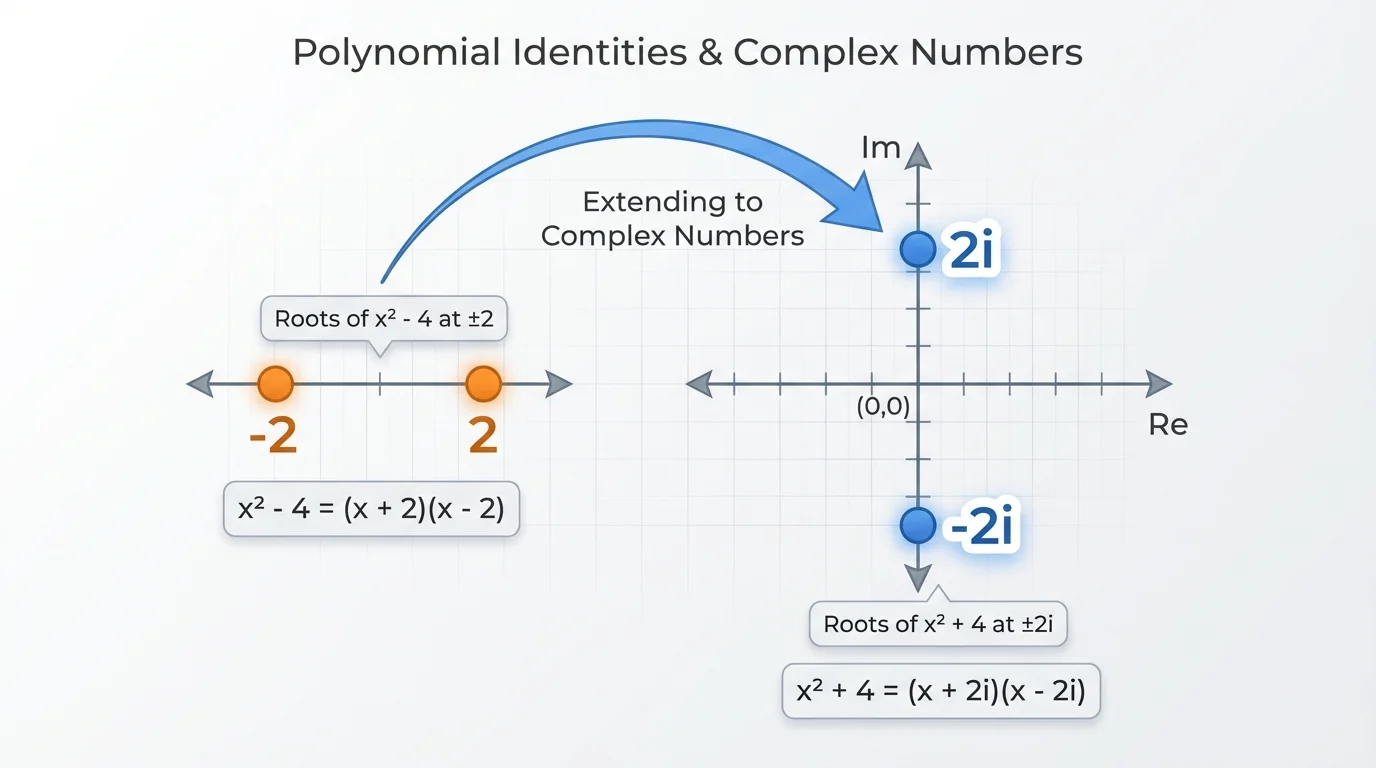 Complex plane showing roots at 2i and -2i on the imaginary axis, with a comparison note that x^2-4 has roots at -2 and 2 on the real axis while x^2+4 has roots at -2i and 2i