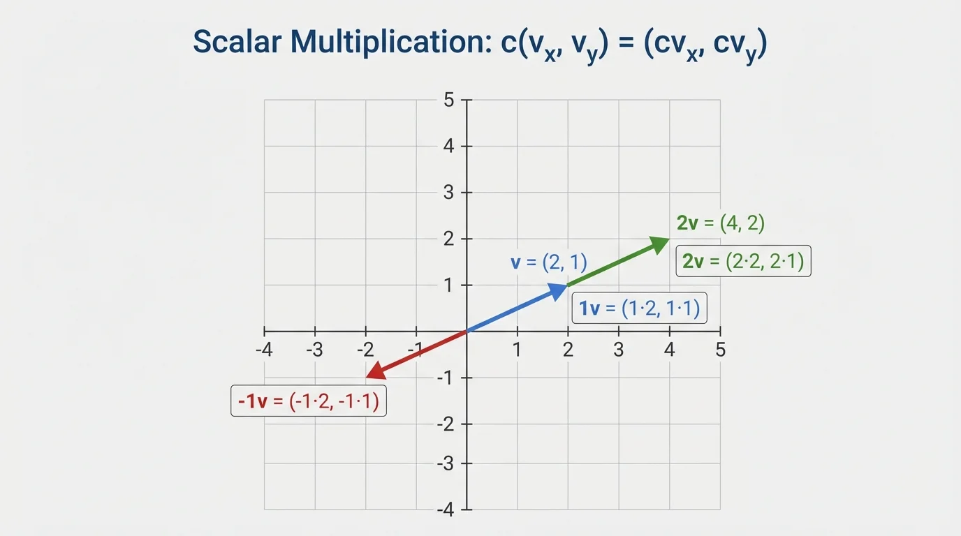 coordinate plane showing original vector from origin to (2,1), doubled vector to (4,2), and reversed vector to (-2,-1), each with clear arrowheads and short labels