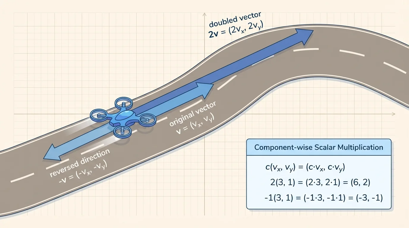 road or path scene with a moving car or drone and three motion arrows labeled original, doubled, and reversed direction