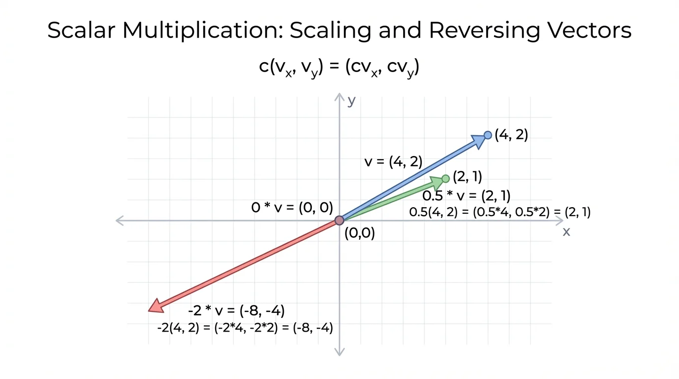 coordinate plane showing one original vector and three results from multiplying by 1/2, -2, and 0, with arrows for half-length, reversed double-length, and a point at the origin for the zero vector