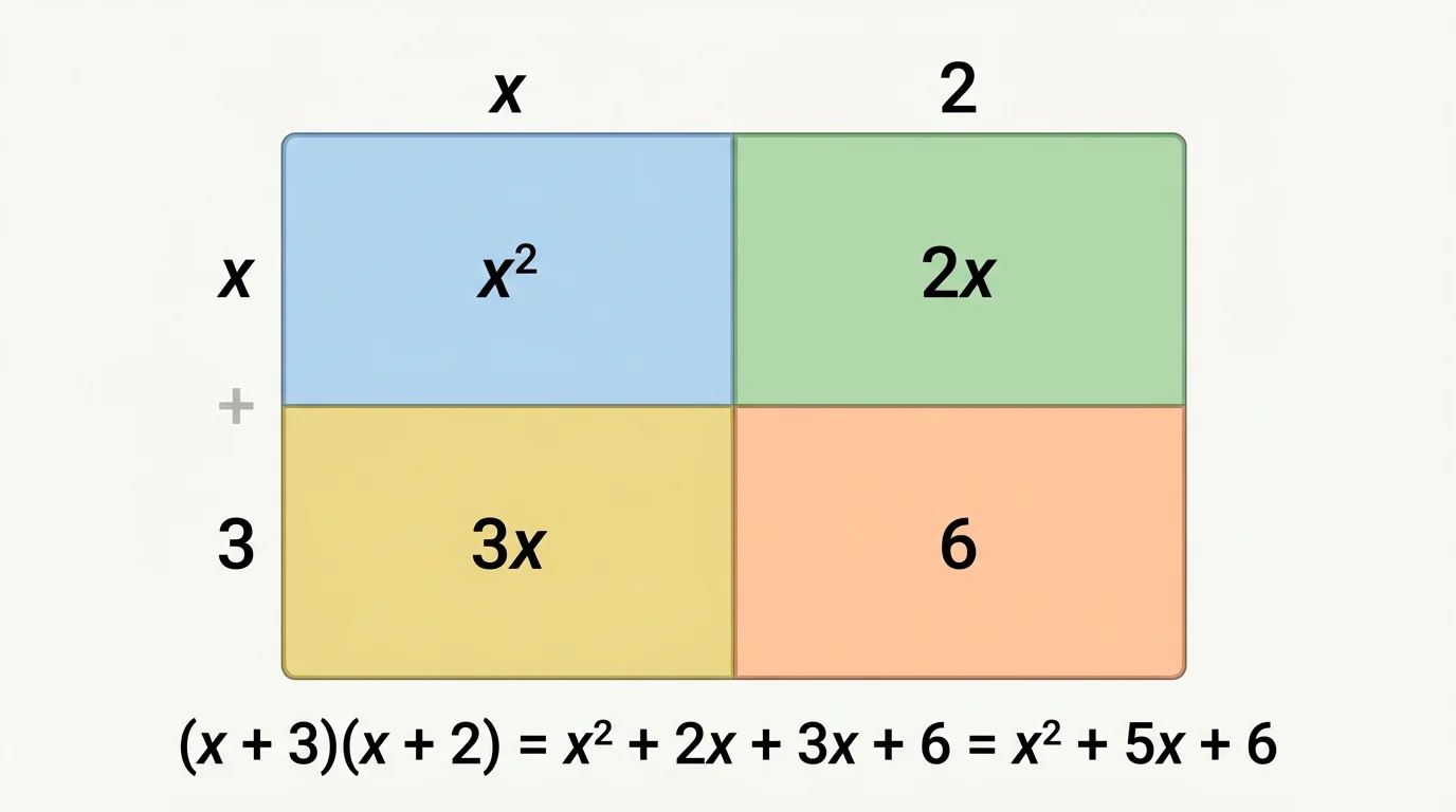 area model rectangle for multiplying two binomials, split into four smaller rectangles labeled with partial products from factors such as x and 3 on one side and x and 2 on the other