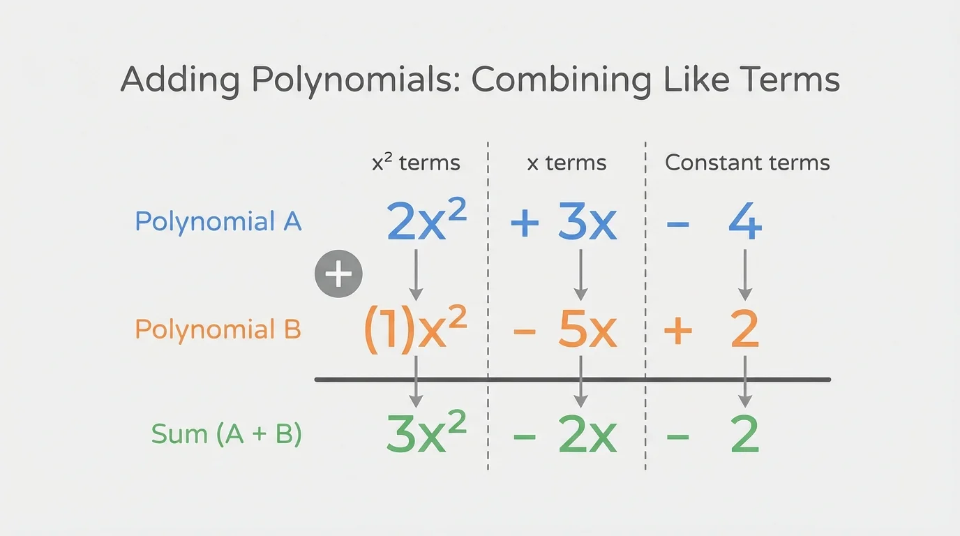 two polynomials written in descending powers with x squared terms, x terms, and constants aligned in vertical columns to show how like terms are combined in addition and subtraction