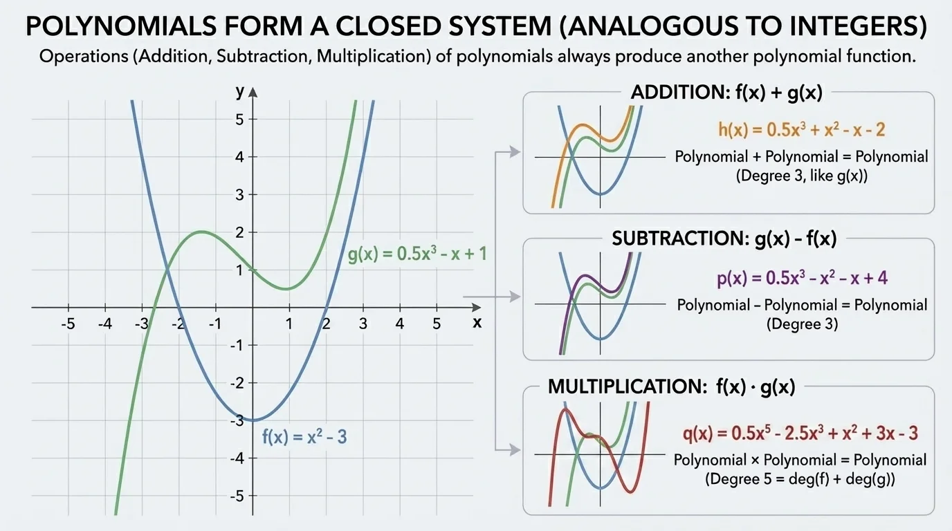 coordinate plane showing a parabola and a cubic polynomial with simple labels to illustrate how polynomial operations produce polynomial functions of different degrees
