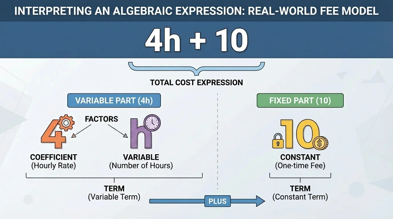Real-world fee model showing a gym or rental plan with one-time fee, monthly or hourly rate, number of periods, and matching expression parts such as 4h + 10