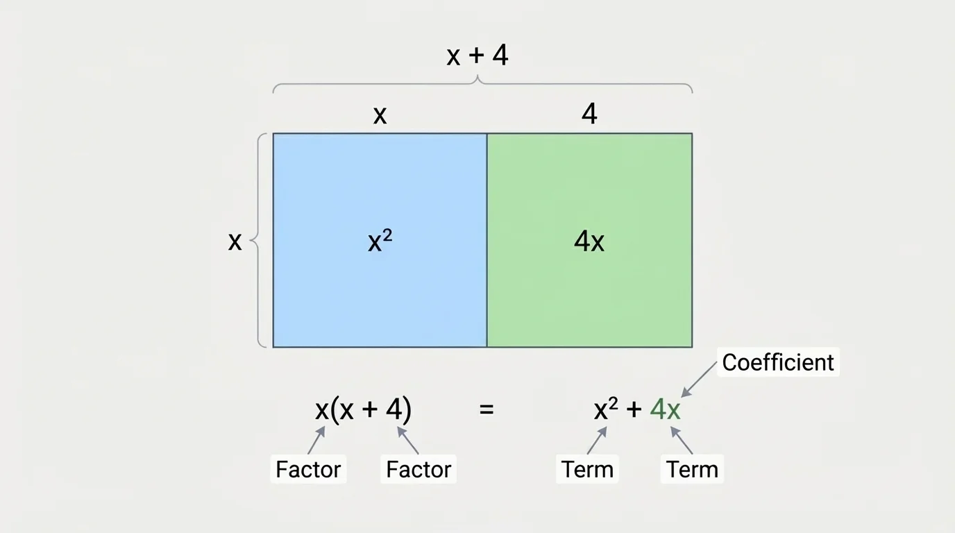 Rectangle area model split into two parts to show x(x + 4) as one whole product and x^2 + 4x as two sub-areas