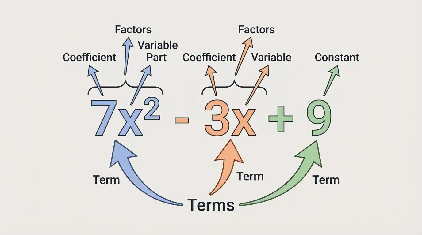 Color-coded algebraic expression labeled with arrows showing terms, factors, coefficient, variable, and constant in an expression such as 7x^2 - 3x + 9