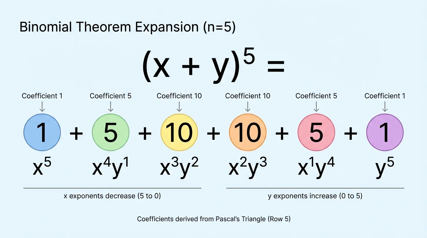 terms of x plus y to the fifth power laid out left to right, showing coefficients 1 5 10 10 5 1, x exponents decreasing from 5 to 0, and y exponents increasing from 0 to 5
