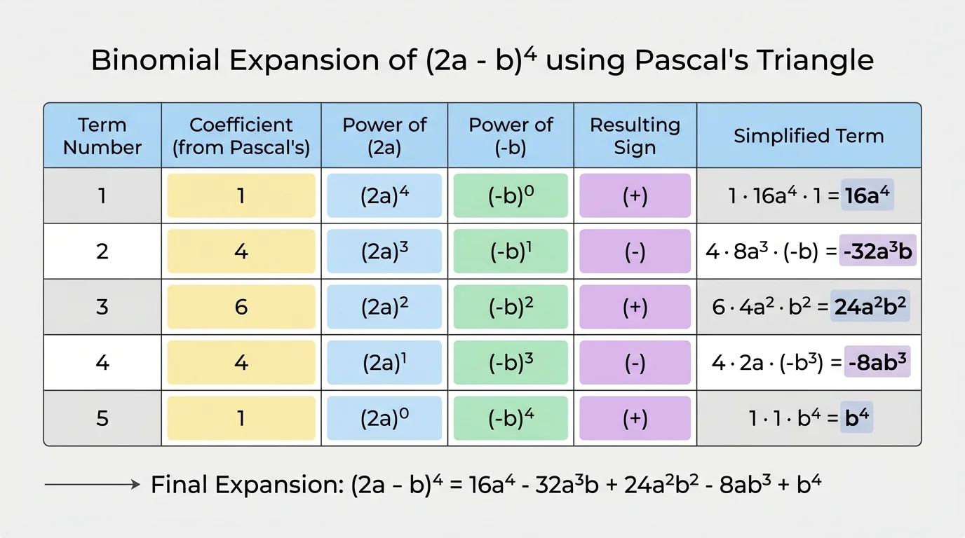 organized table for expanding 2a minus b to the fourth power with columns term number, coefficient, power of 2a, power of negative b, resulting sign, and simplified term