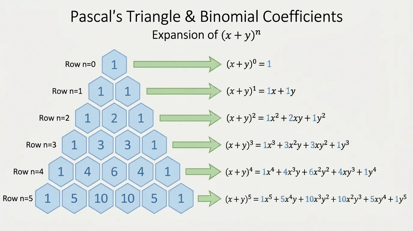 Pascal's Triangle with first six rows and arrows linking each row to the coefficients of expansions from x plus y to the fifth power