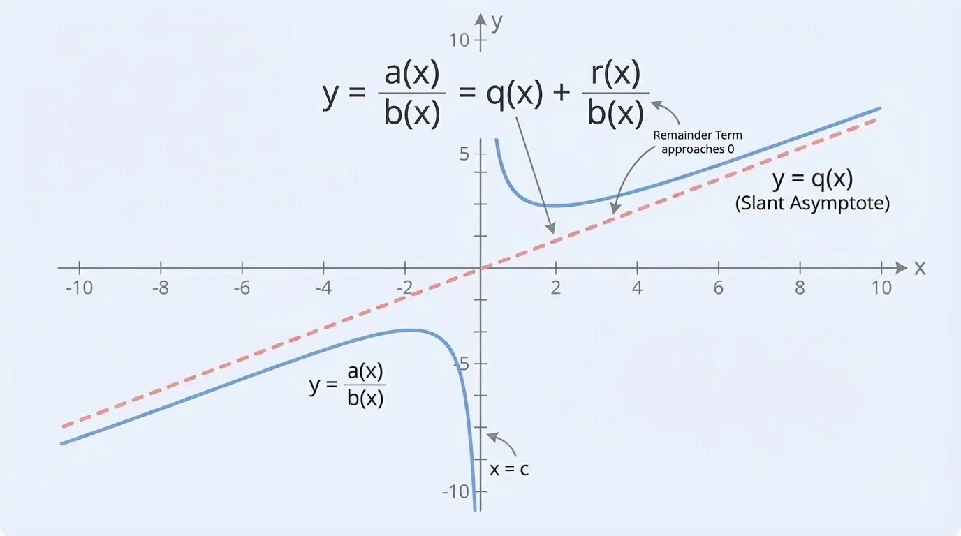 Coordinate graph showing a rational function and its slant asymptote, with the rational curve approaching the quotient polynomial for large positive and negative x